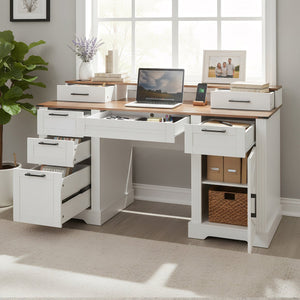 English Elm 59" Fluted Oak L-shaped Corner Desk with Charging Station Monitor Stand and File Storage White W2917S00006
