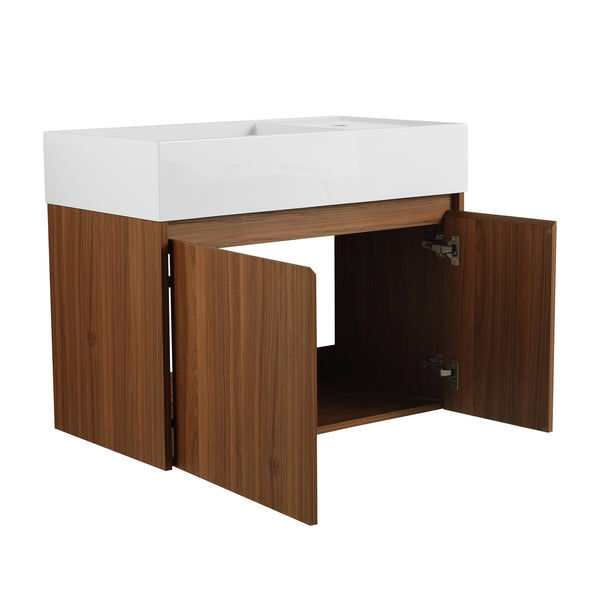 English Elm 30 Resin Sink Vanity with Soft-Close Doors, Floating Mount Design, Durable Scratch & Water-Resistant Finish Walnut W999P228750