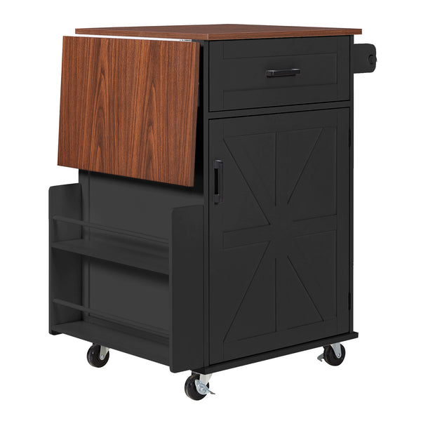 English Elm K&k Farmhouse Rolling Kitchen Cart with Drop Leaf Drawer Open Rack Lockable Wheels Black N707P404539B
