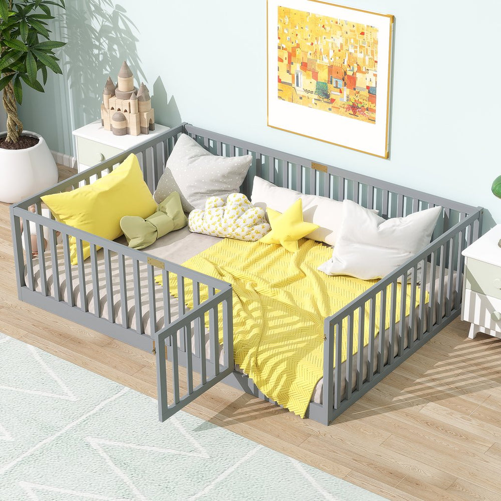 English Elm Twin Floor Bed Solid Rubber Wood with Tall Safety Railings for Toddler Sleep Grey W504P287657