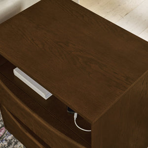 English Elm Mid Century Modern nightstand with USB charging, louver drawers, open shelf and hidden cord storage Walnut Brown W1801P303385