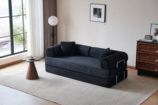English Elm 78.8" Corduroy Modular Floor Sofa Convertible Sleeper Futon with Pillow Back Support Black W5617P456006