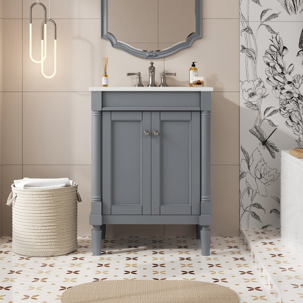 English Elm 24'' Modern Bathroom Vanity with Ceramic Basin, Solid Wood Frame, Soft-Close Doors, Ample Storage Grey N710P190503E