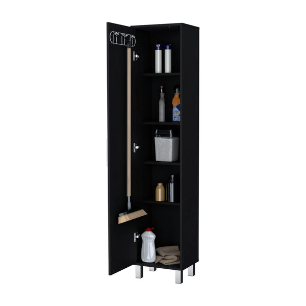 English Elm Wenge Slim 1-Door Storage Cabinet with 3 Broom Hangers, Metal Handle & Legs, Tall 70.8" High Organizer B062P205244