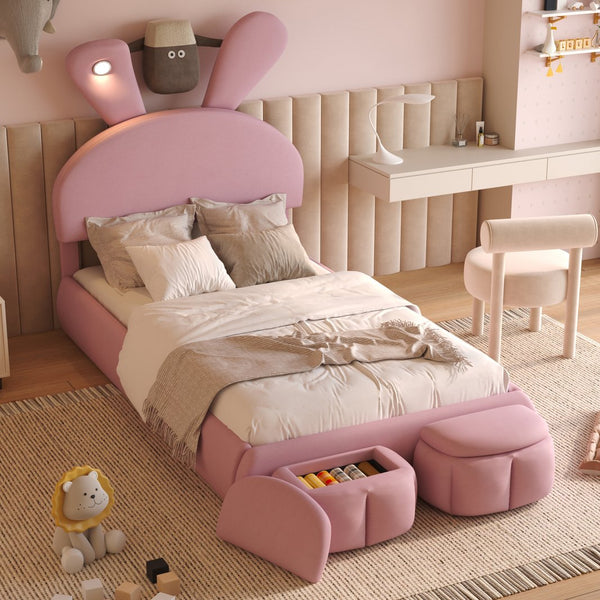 English Elm Twin Upholstered Platform Bed with Cute Cartoon Ears Headboard, LED Light, Adjustable Height, Pink WF321677AAH
