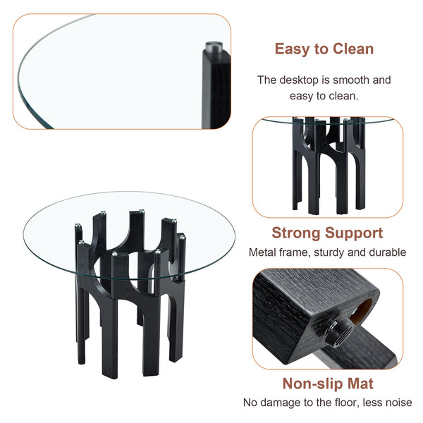 English Elm Round Tempered Glass Dining Table Sculptural Geometric Mdf Base Seats Four Compact Black W3875P387177