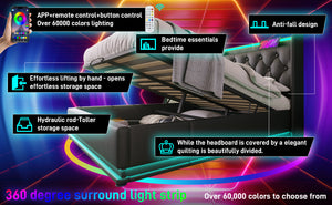 English Elm Queen Upholstered Bed with Surround LED, App/Remote Control, Hydraulic Storage, USB Type-C Charging Black N736P188807B