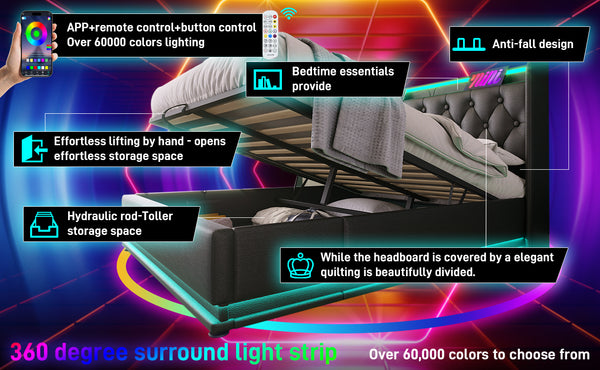 English Elm Queen Upholstered Bed with Surround LED, App/Remote Control, Hydraulic Storage, USB Type-C Charging Black N736P188807B