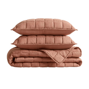 English Elm 3-piece French Linen Quilt Set King Garment Washed Box Stitch Breathable Bedding Brick Red B035P408304