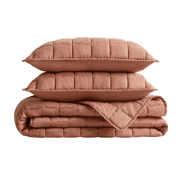 English Elm 3-piece French Linen Quilt Set King Garment Washed Box Stitch Breathable Bedding Brick Red B035P408304