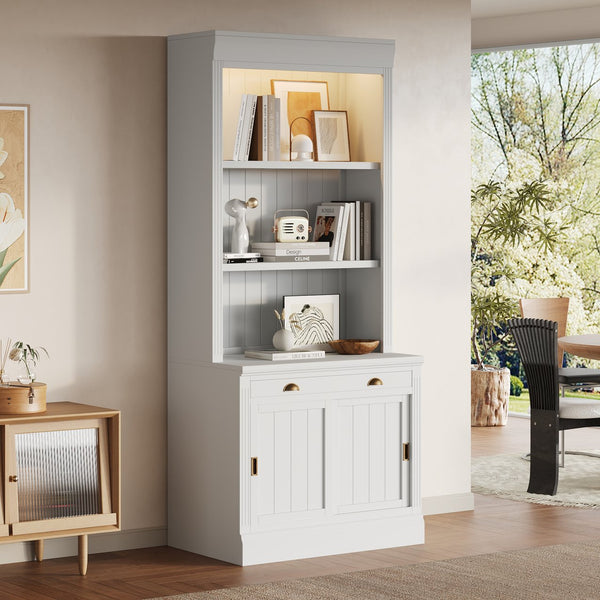 English Elm 83.4"Tall White Bookshelf Suite With Led Lighting, Sliding Doors & Drawers For Stylish Storage Solutions N751S059620K