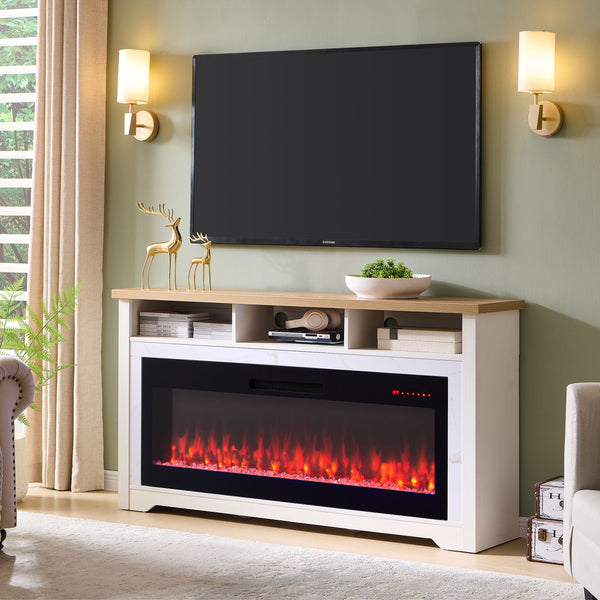 English Elm 60 Inch White Marble Fireplace Tv Stand with Smart Electric Insert for Living Rooms W1769S00011