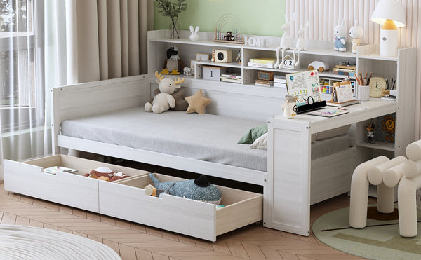 English Elm Wooden Twin Daybed with Built-In Desk, Side Shelves and Dual Drawers for Smart Space Saving Antique White 54.9 L x 18.75 W x 5.6 H N733S241484K