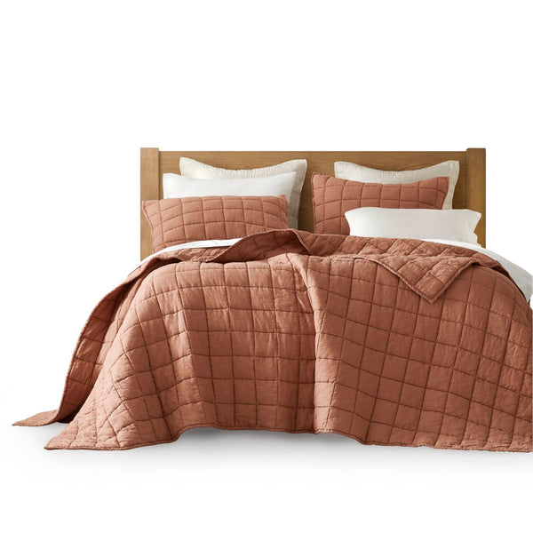 English Elm 3-piece French Linen Quilt Set King Garment Washed Box Stitch Breathable Bedding Brick Red B035P408304