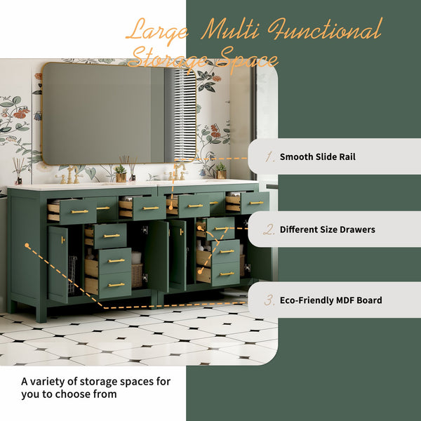 English Elm 72'' Modern Bathroom Vanity Set With Ceramic Sink, Ample Storage, Solid Wood Frame & Green Finish N710SS00011F