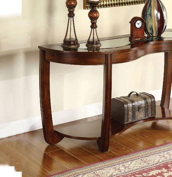 English Elm Dark Cherry Sofa Table Beveled Glass Top Open Shelf Transitional Living Room Console B011P246327