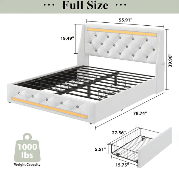 English Elm Full Size Pu Leather Storage Bed with Rgb Led Headboard and Charging Station White W5722P462656