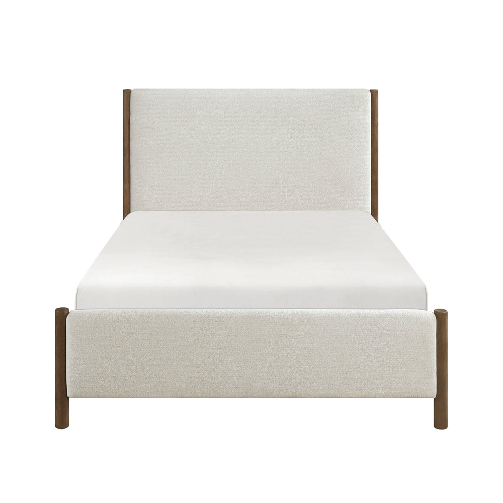English Elm Modern Queen Platform Bed Beige Chenille Upholstered Frame with Oak Pilaster Accents B011S00903