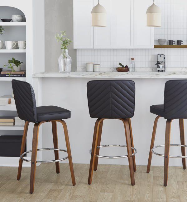 English Elm Fixed-height Swivel Barstools Mid-century Walnut Bentwood Frame Grey Upholstered Set B202S01925