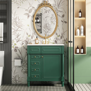 English Elm 30" Bathroom Vanity with Sink — Freestanding Modern Cabinet with Soft-Close Door, 2 Deep Drawers, Durable Basin Green N710P288938F