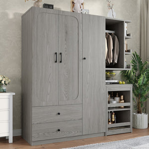 English Elm Multifunctional Wardrobe Cabinet with Fold Out Desk Hanging Rod and Storage Drawers Gray W1580S00476