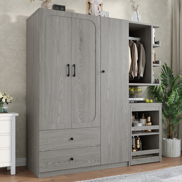 English Elm Multifunctional Wardrobe Cabinet with Fold Out Desk Hanging Rod and Storage Drawers Gray W1580S00476