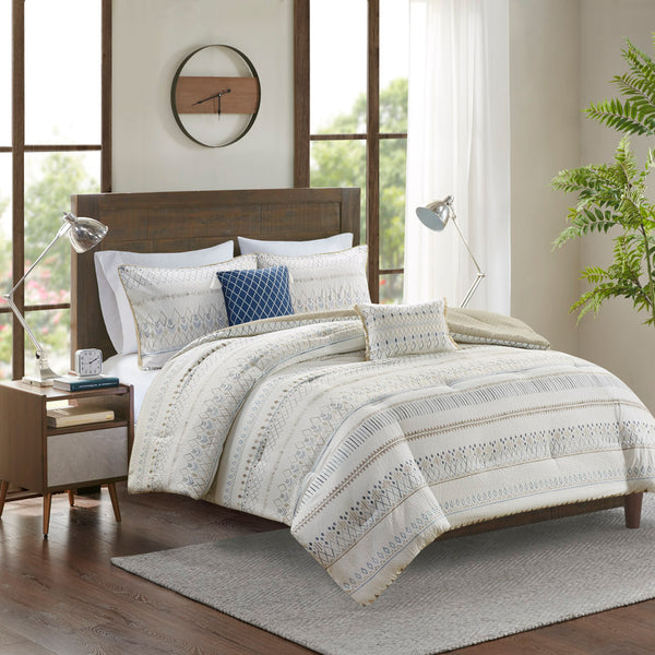JLA Home Madison Park - 5 Reversible Seersucker Comforter Set with Tassel Throw Pillows — Lightweight, Antimicrobial Farmhouse Chic 90 L x 90 W x 1.5H MP10-8267