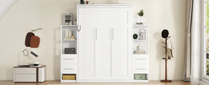 English Elm Full Size Murphy Wall Bed with Led Lighting Shelves Drawers and Fold Down Storage LP100565AAK