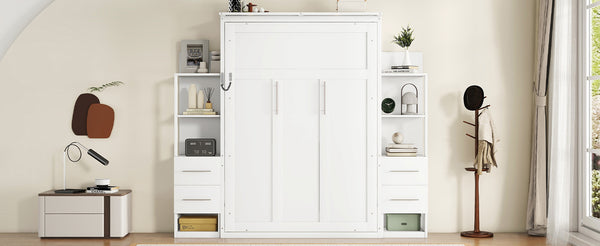English Elm Full Size Murphy Wall Bed with Led Lighting Shelves Drawers and Fold Down Storage LP100565AAK