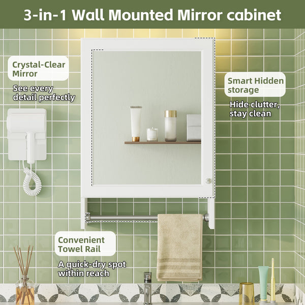 English Elm 3-in-1 Wall Medicine Cabinet with Soft Close Mirror Door Towel Bar and Adjustable Shelf N710P388096K
