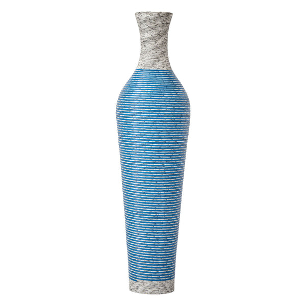 English Elm 39-Inch Tall Designer Floor Vase in Lake Blue PVC with Brushed Gold Accents for Dramatic Room Styling W2796P300933