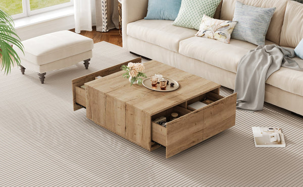 English Elm 33.25" Square Storage Coffee Table Four Drawer Matte Mdf Living Room Centerpiece Natural N735P422508N