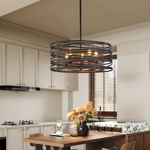 English Elm 20" Rustic Industrial Pendant Light—5-Light Black & Walnut Metal Cage Chandelier with Wood Accents for Kitchen Island and Dining Room W2312P368684
