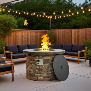 English Elm 36'' Propane Gas Fire Pit Table 50,000BTU Round MgO Top Hidden Tank Cover Pulse Ignition W853P293854