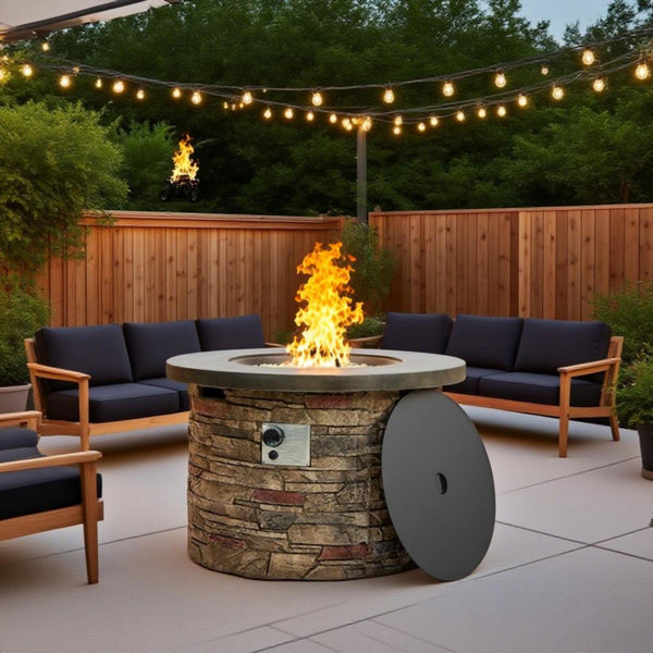 English Elm 36'' Propane Gas Fire Pit Table 50,000BTU Round MgO Top Hidden Tank Cover Pulse Ignition W853P293854