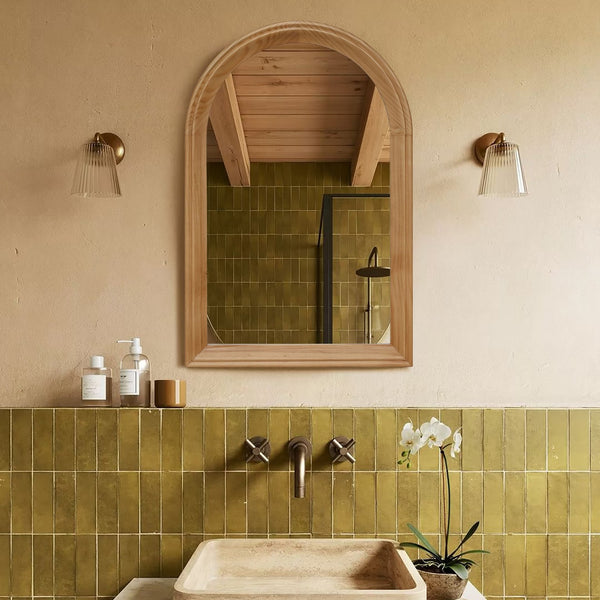 English Elm Arched Oak Wood Wall Mirror Farmhouse Vanity Accent with Distortion Free Glass W2295P414110