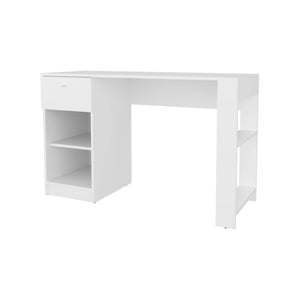 English Elm White Computer Desk Sleek Modern Home Office Table with Drawer, Two Open Shelves, Compact Storage Elegance B062P290243