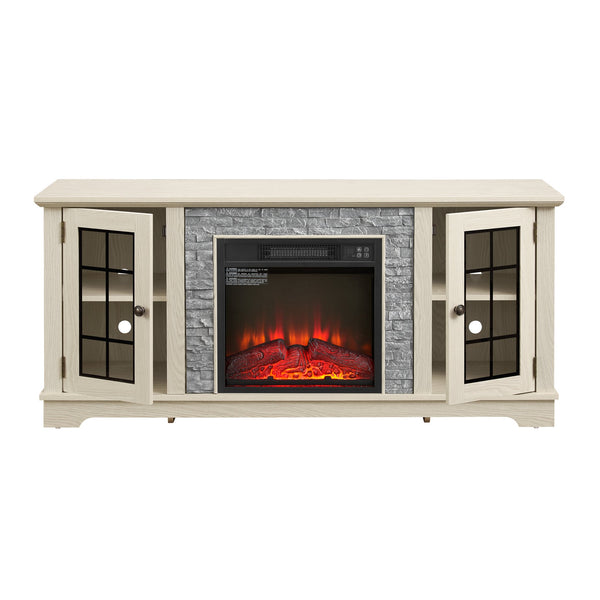 English Elm 58" Modern TV Stand with 18" Electric Fireplace, Faux Stone Mantel, Ample Storage & Cable Management for Living Room Comfort and Style White W2275S00025