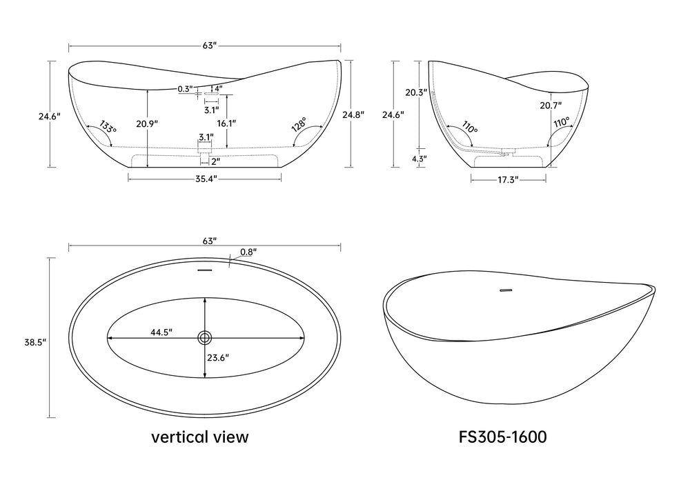 English Elm 63" Freestanding Stone Resin Soaking Tub Matte Insulated Spa Bath for Modern Homes T3785P353958