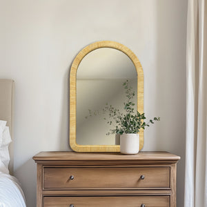 English Elm 39.00x26.00x1.20" Handwoven Rattan Arched Wall Mirror Bohemian Organic Accent B035P437551