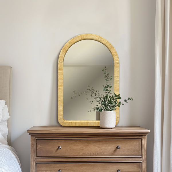 English Elm 39.00x26.00x1.20" Handwoven Rattan Arched Wall Mirror Bohemian Organic Accent B035P437551