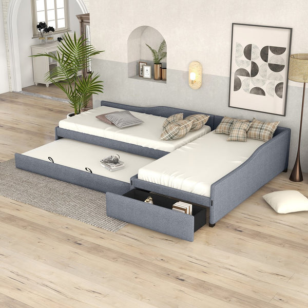 English Elm Upholstered Twin Daybed with Pull Out Trundle Linen Blend Sofa Style Studio Bed Gray GX001316AAE