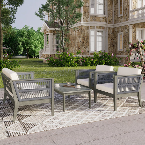 English Elm Christopher Knight Home® - 4-Pieces Acacia Wood Patio Furniture Set with Grey Rope & Beige Cushions, Weatherproof Deep Seating Set N780P171148F