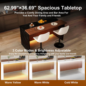 English Elm 63" Contemporary Kitchen Island Set With Beige Bar Stools, Led Lighting & Stylish Black Marble Top W2699S00073