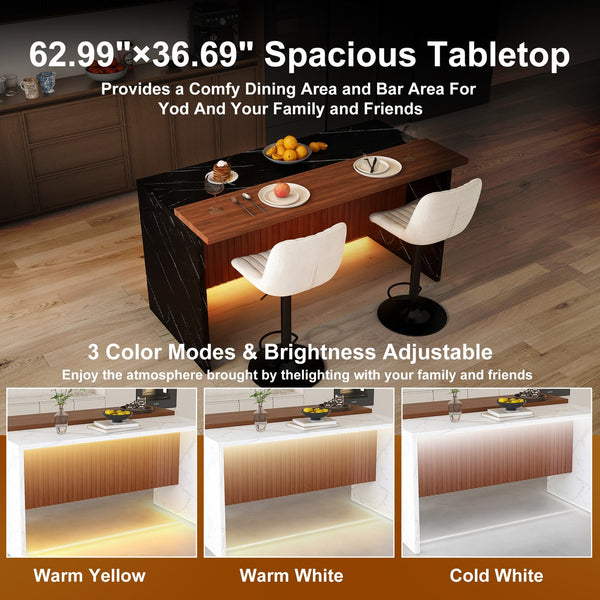 English Elm 63" Contemporary Kitchen Island Set With Beige Bar Stools, Led Lighting & Stylish Black Marble Top W2699S00073