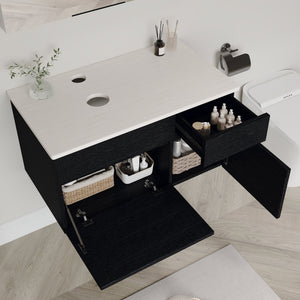 English Elm 31.5" Floating Bathroom Vanity Base Black Wood Grain Soft Close Modern Farmhouse W3136P500133