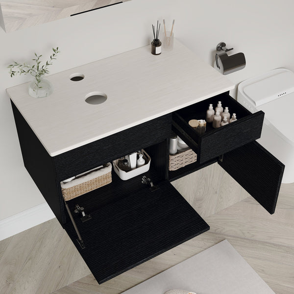 English Elm 31.5" Floating Bathroom Vanity Base Black Wood Grain Soft Close Modern Farmhouse W3136P500133