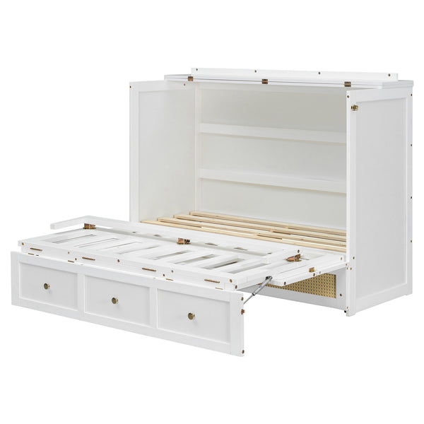 English Elm Full Size Murphy Wall Bed Cabinet with Rattan Panel Detailing and Storage Drawers White N708P336203K
