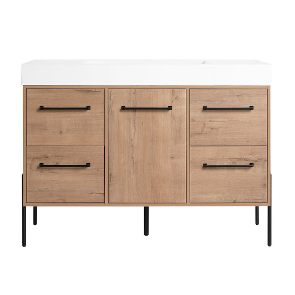 English Elm 48" Floating Bathroom Vanity Dual Ceramic Vessel Sinks Oak Finish Soft Close Doors W999S00527
