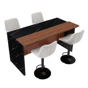 English Elm 63" Modern Kitchen Island Set With 4 Beige Bar Stools - Elegant Black Marble, Led Light & Grille Design W2699S00075
